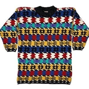 Vtg 80s French Navy Maximalist Indie Geo Funky Long Knit Tunic Sweater 16 Angora